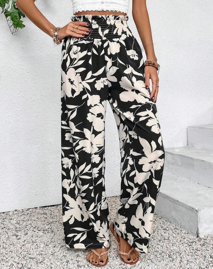 Bold Bloom Print Wide Leg Palazzo Pants - Black