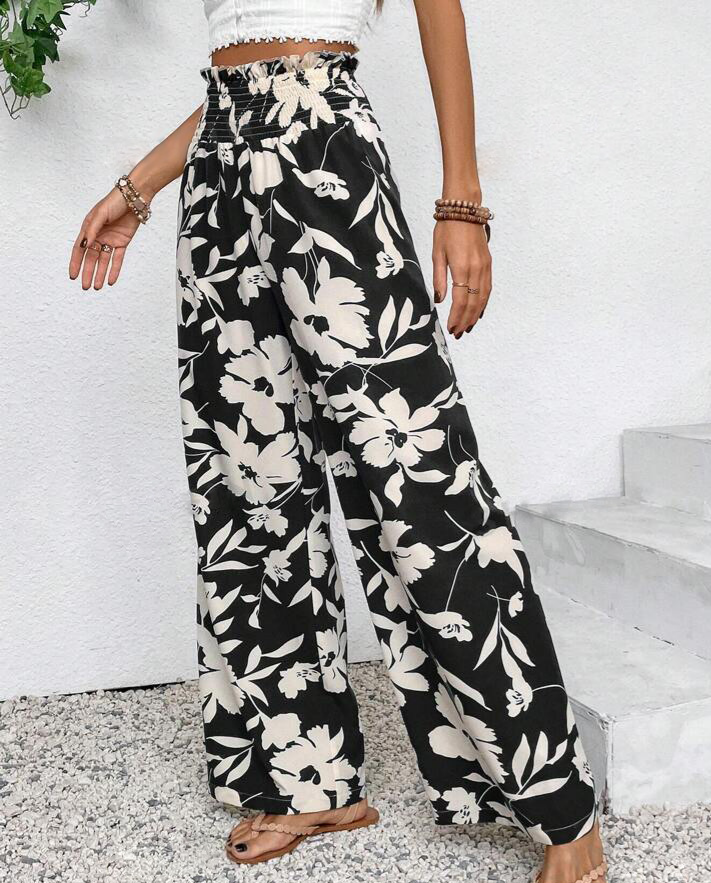 Bold Bloom Print Wide Leg Palazzo Pants - Black - 1
