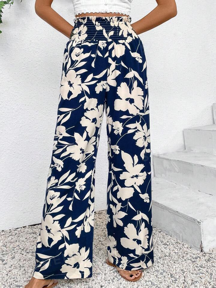 Bold Bloom Print Wide Leg Palazzo Pants - DarkBlue