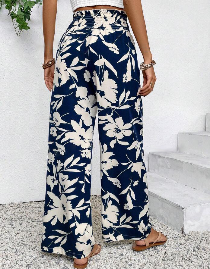 Bold Bloom Print Wide Leg Palazzo Pants - DarkBlue - 1