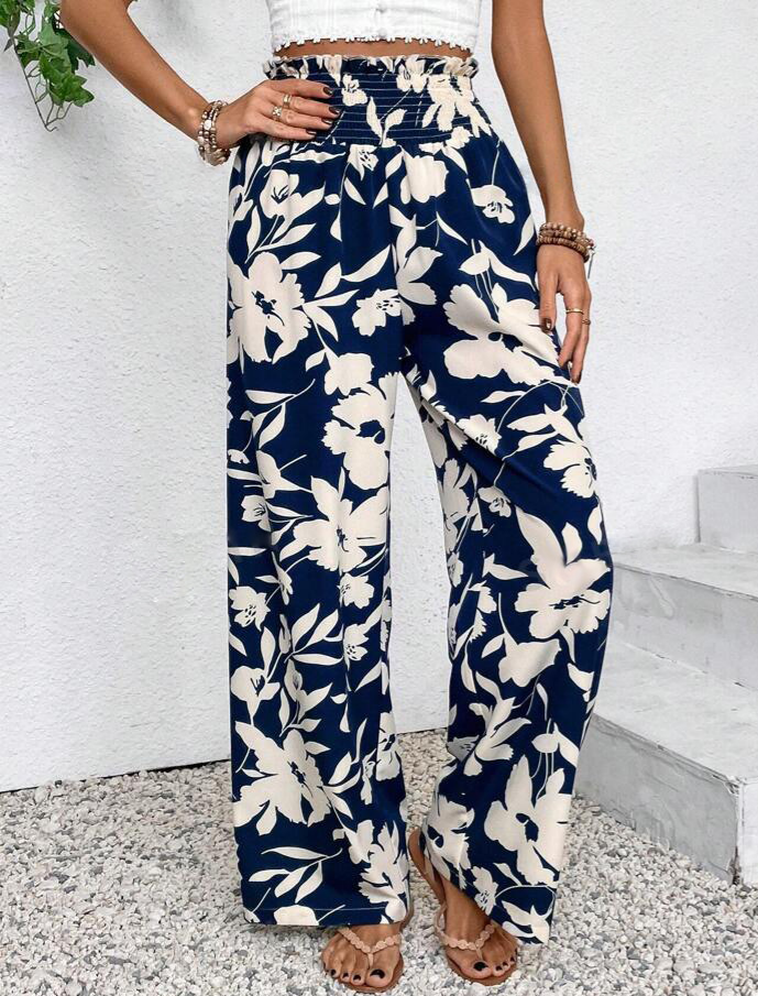 Bold Bloom Print Wide Leg Palazzo Pants - DarkBlue - 2