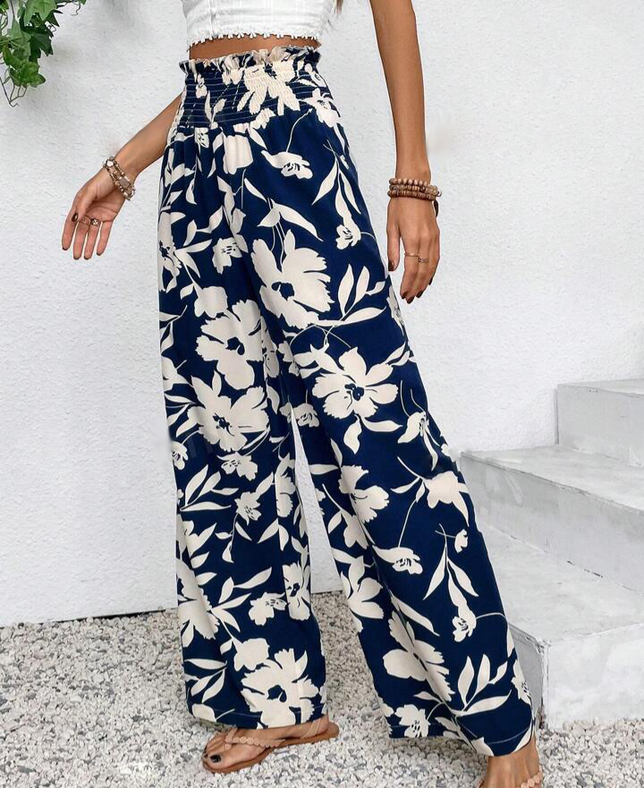 Bold Bloom Print Wide Leg Palazzo Pants - DarkBlue - 3