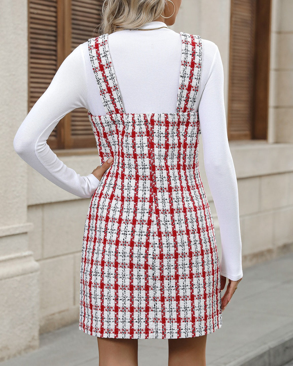 Plaid Tweed Square Neck Pinafore Mini Dress - Red - 3