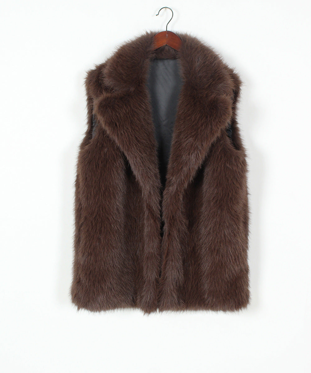 Longline Lapel Collar Faux Fur Vest - Coffee