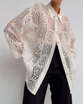 Crochet Lace Button Down Shirt Curved Hem - Beige