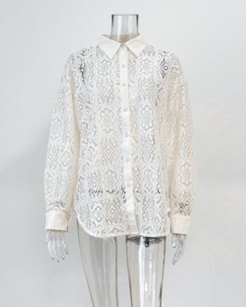 Crochet Lace Button Down Shirt Curved Hem - Beige - 1