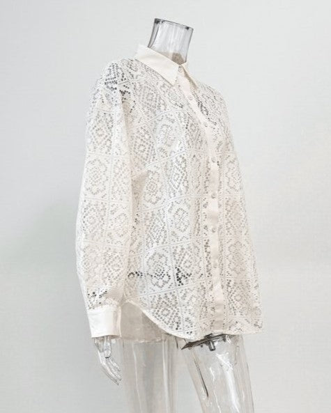 Crochet Lace Button Down Shirt Curved Hem - Beige - 2