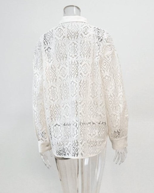 Crochet Lace Button Down Shirt Curved Hem - Beige - 3