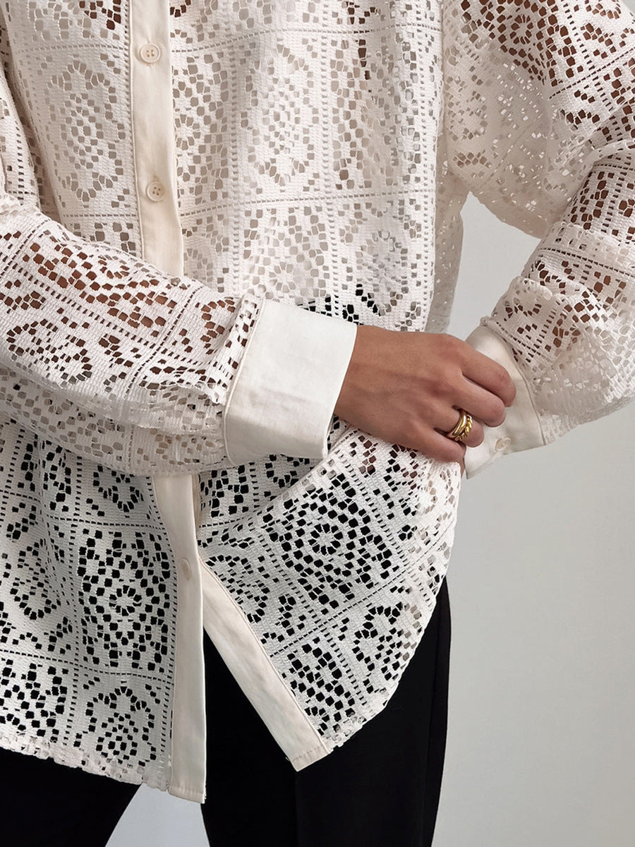 Crochet Lace Button Down Shirt Curved Hem - Beige - 4