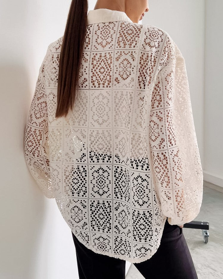 Crochet Lace Button Down Shirt Curved Hem - Beige - 5