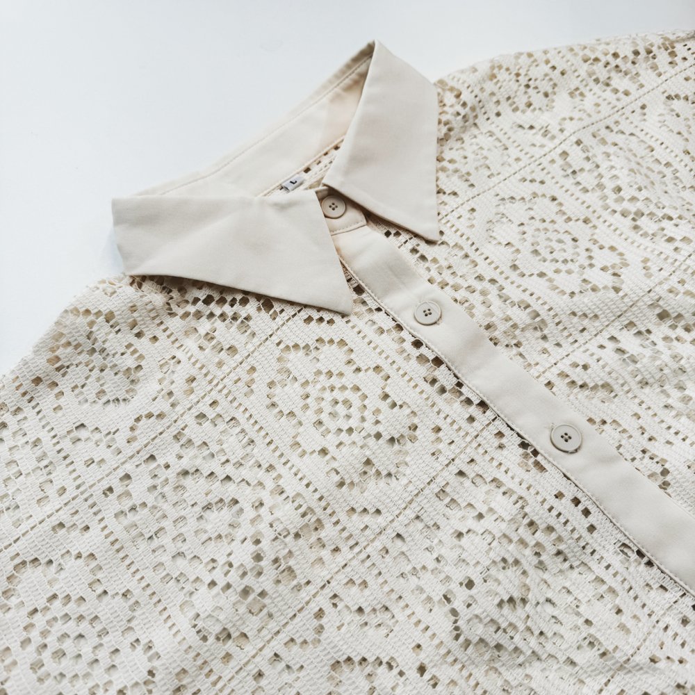 Crochet Lace Button Down Shirt Curved Hem - Beige - 6