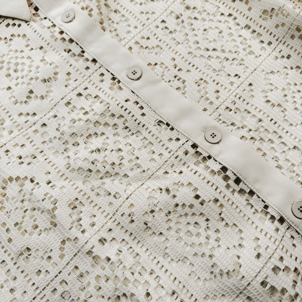 Crochet Lace Button Down Shirt Curved Hem - Beige - 7