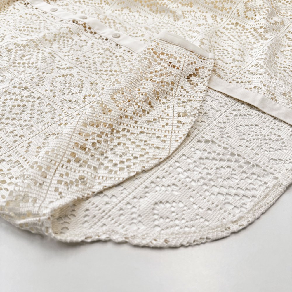 Crochet Lace Button Down Shirt Curved Hem - Beige - 8