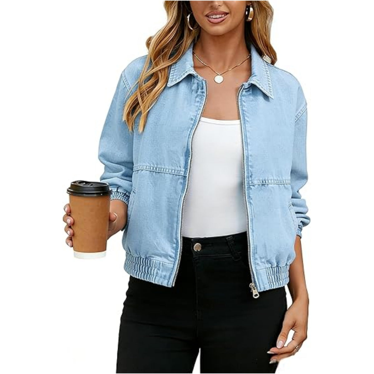 Zip Front Denim Bomber Jacket With Collar - LightBlue