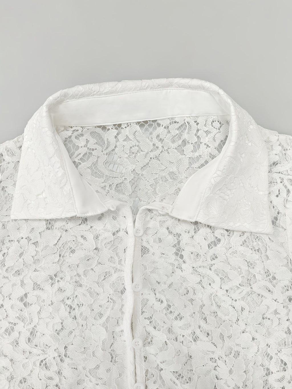 Sheer Floral Lace Button Down Shirt - White - 4
