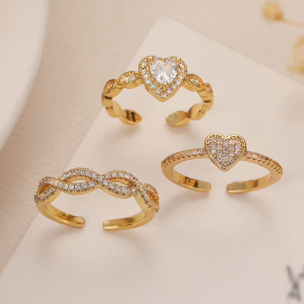 Pave Heart Adjustable Open Ring