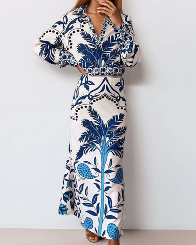 Palm Print Long Sleeve Top And Skirt Set - Color
