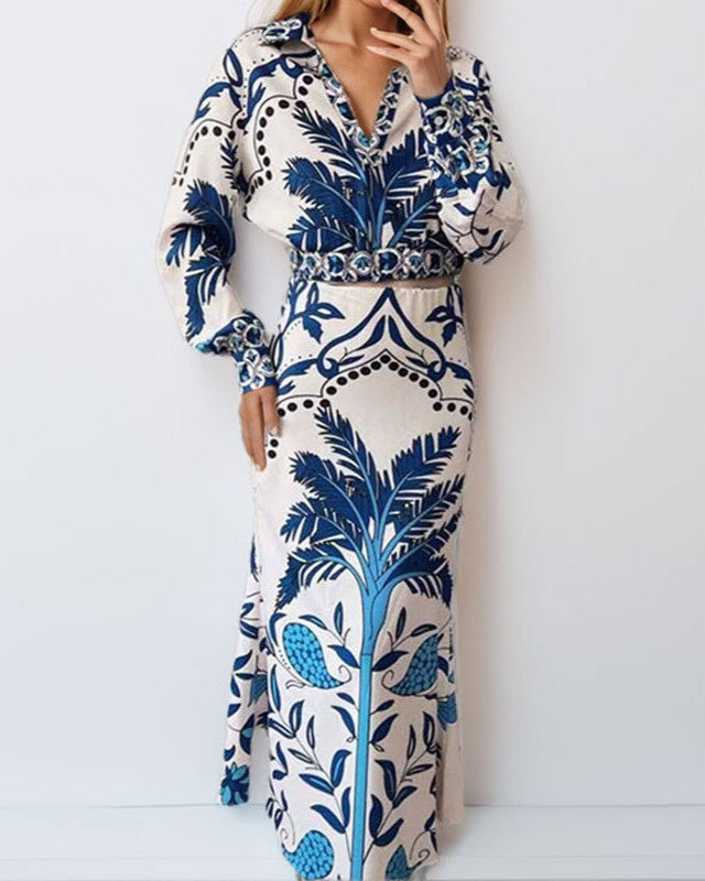 Palm Print Long Sleeve Top And Skirt Set - Color - 1