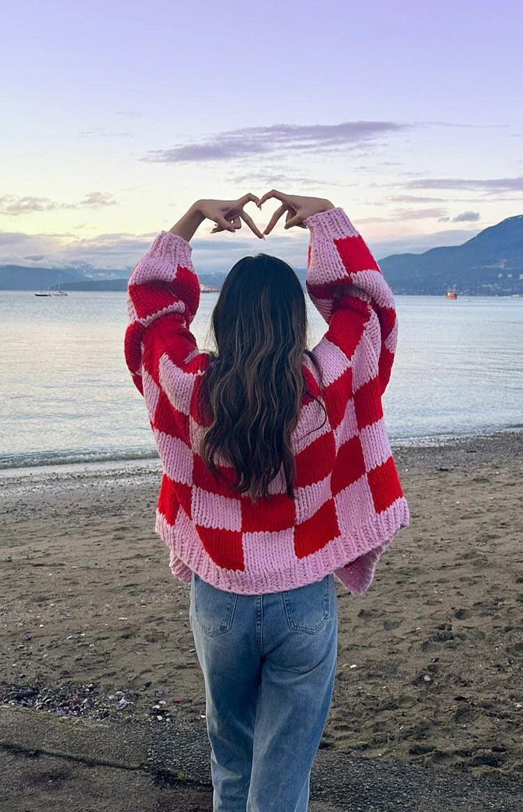 Checkerboard Knit Balloon Sleeve Cardigan - pink