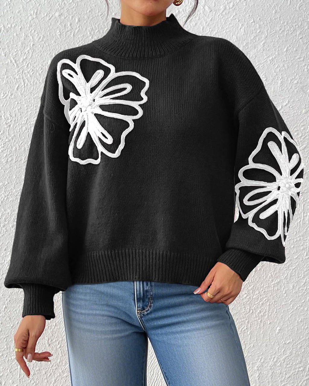 Embroidered Floral Mock Neck Knit Sweater - Black