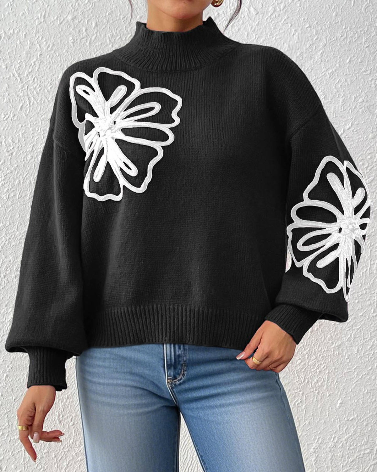Embroidered Floral Mock Neck Knit Sweater - Black