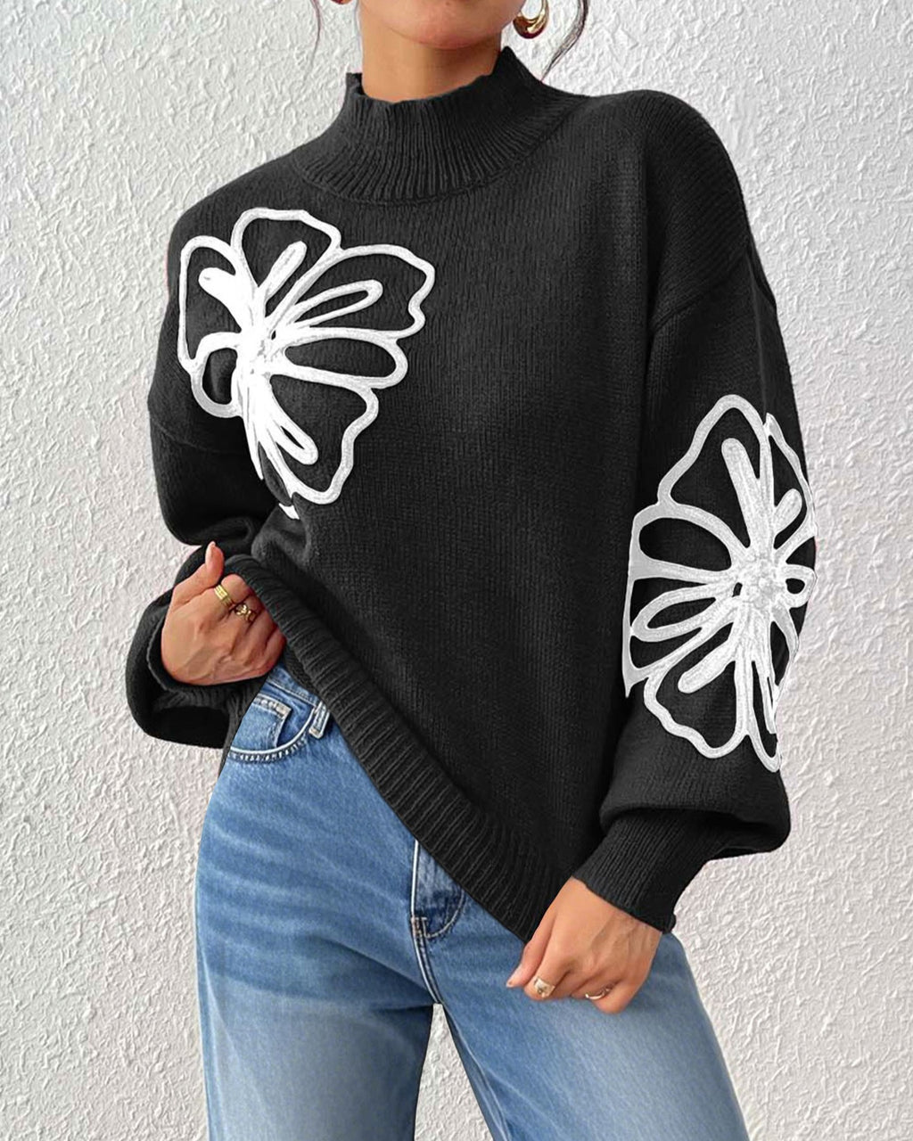 Embroidered Floral Mock Neck Knit Sweater - Black - 1