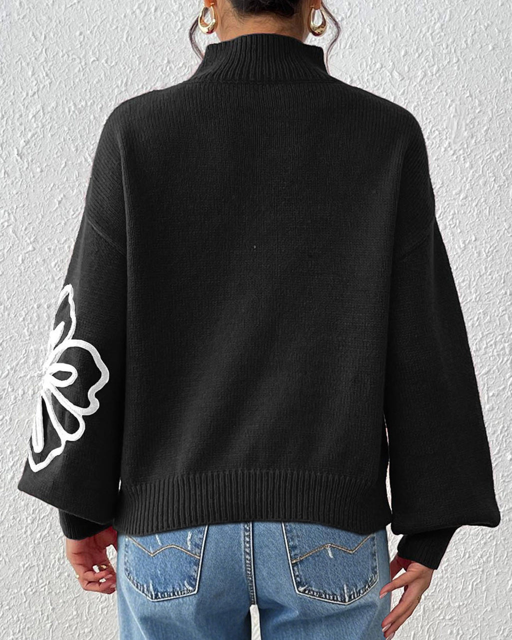 Embroidered Floral Mock Neck Knit Sweater - Black - 2