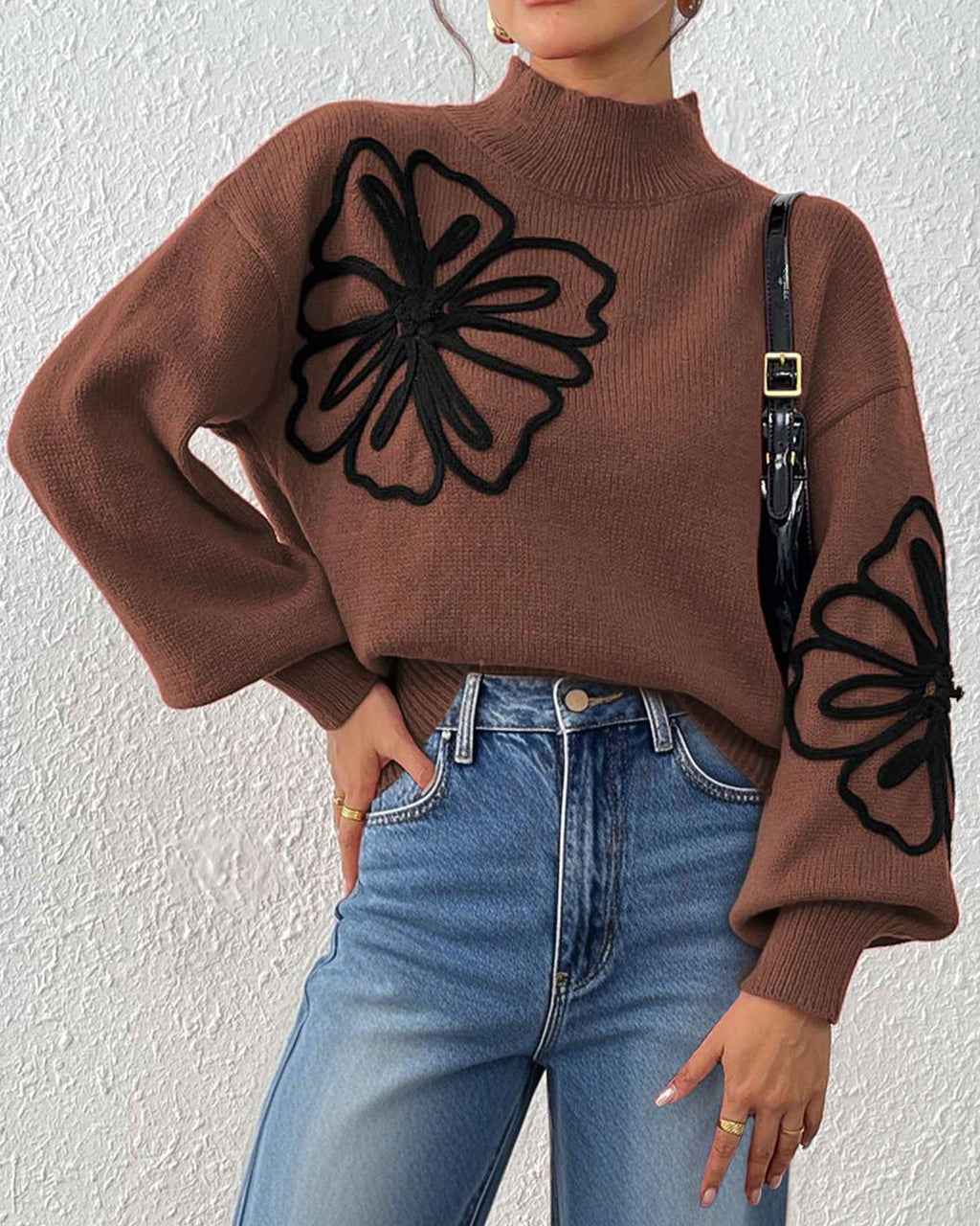 Embroidered Floral Mock Neck Knit Sweater - Coffee