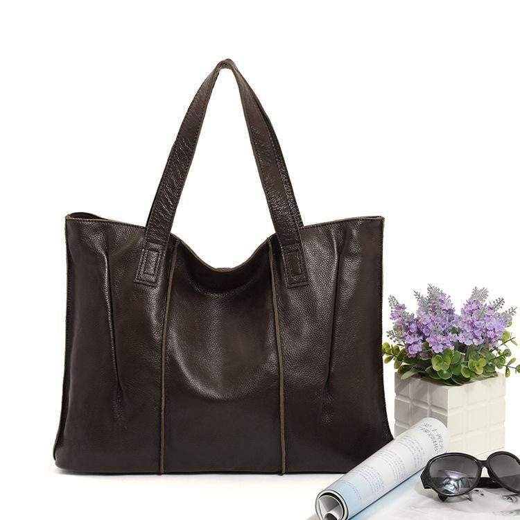 Soft Genuine Leather Pleated Tote Bag - Coffee Standard