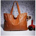 Soft Genuine Leather Pleated Tote Bag - Cognac Large