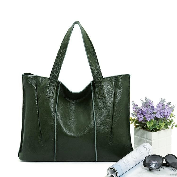 Soft Genuine Leather Pleated Tote Bag - Green Standard