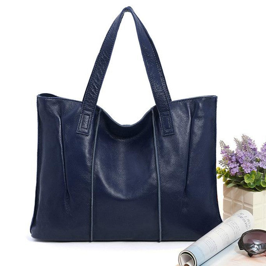 Soft Genuine Leather Pleated Tote Bag - Navy Large