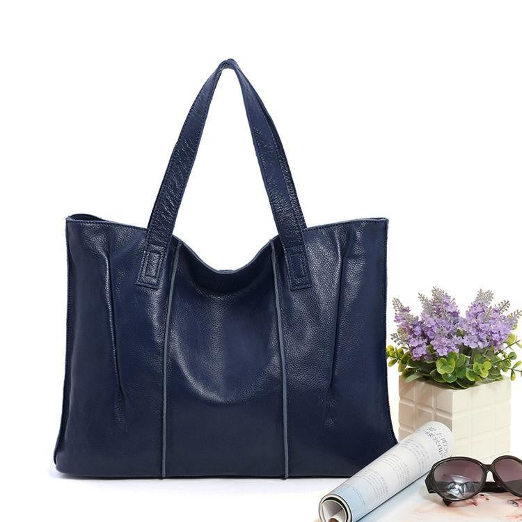 Soft Genuine Leather Pleated Tote Bag - Navy Standard