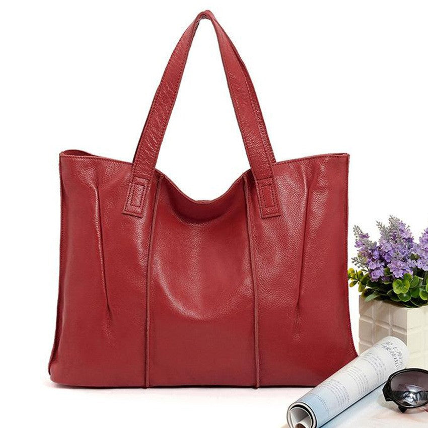 Soft Genuine Leather Pleated Tote Bag - Wine Large