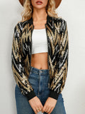 Chevron Sequin Zip Front Cropped Bomber Jacket - Gold
