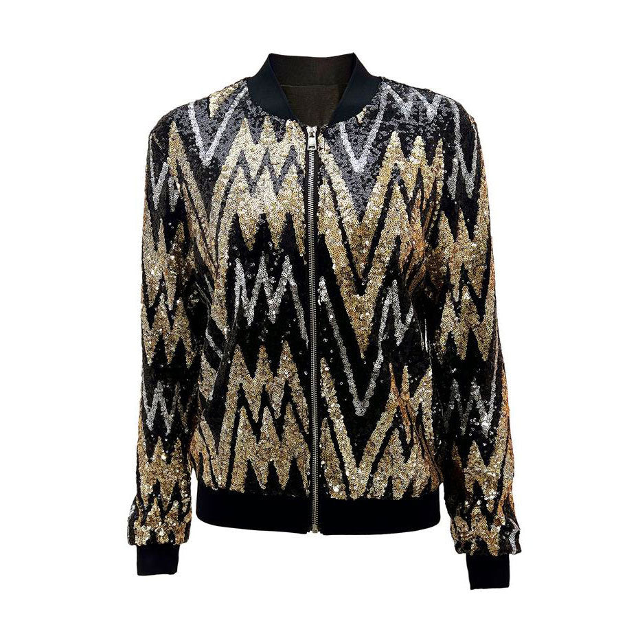 Chevron Sequin Zip Front Cropped Bomber Jacket - Gold - 1