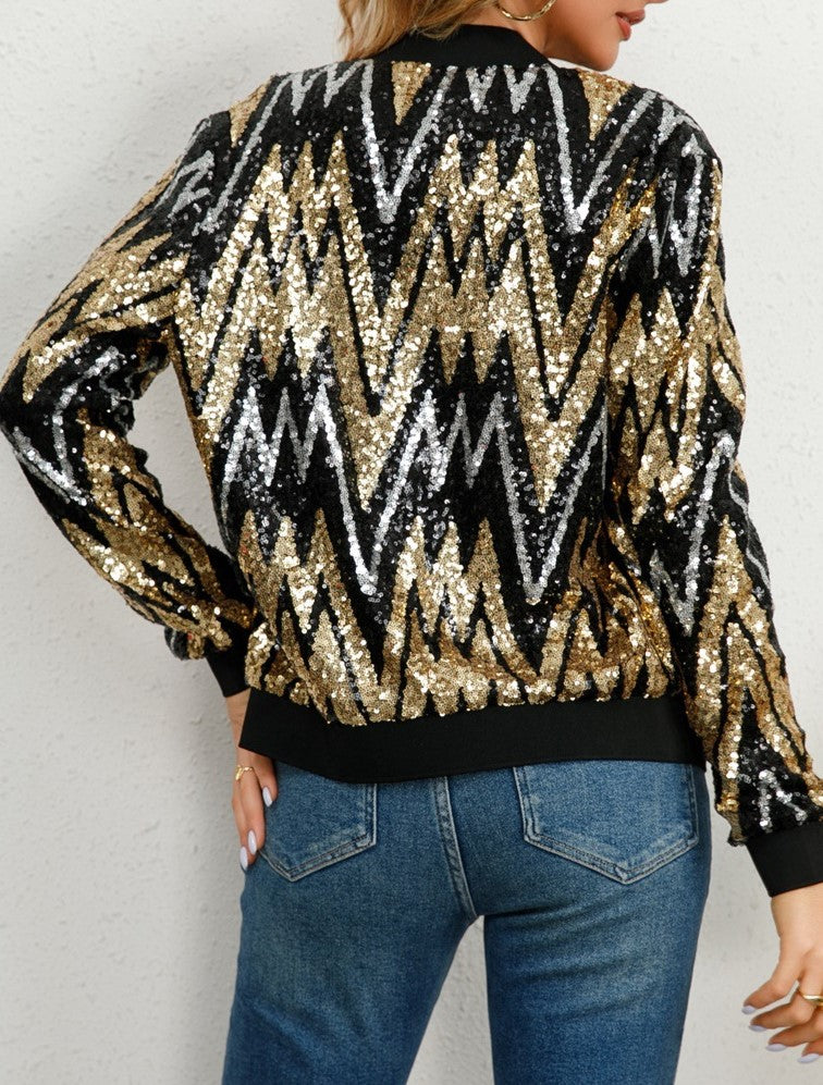 Chevron Sequin Zip Front Cropped Bomber Jacket - Gold - 2