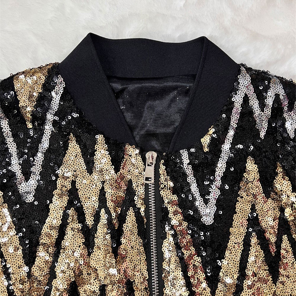 Chevron Sequin Zip Front Cropped Bomber Jacket - Gold - 3