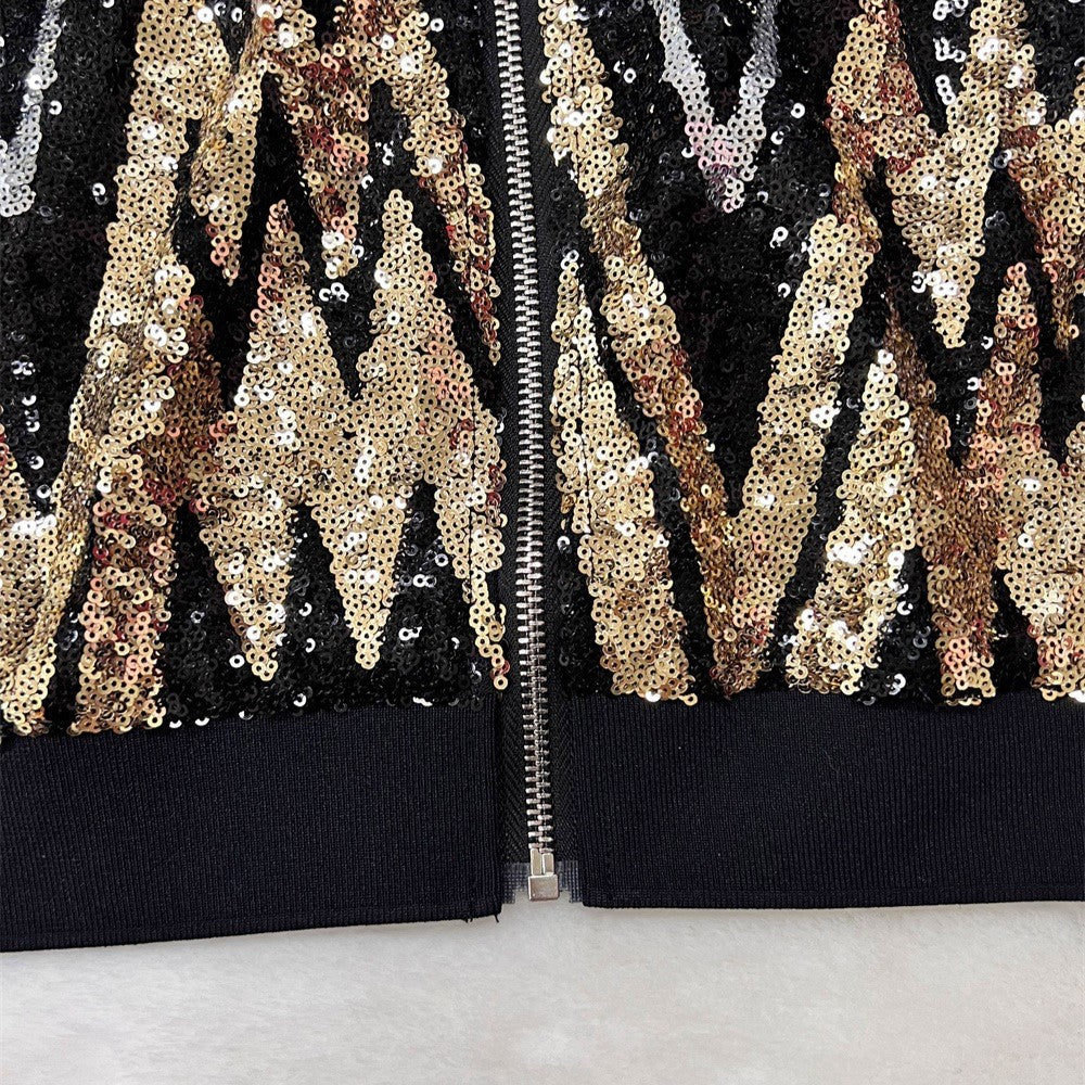 Chevron Sequin Zip Front Cropped Bomber Jacket - Gold - 4