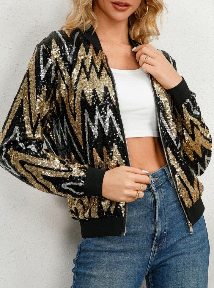 Chevron Sequin Zip Front Cropped Bomber Jacket - Gold - 5