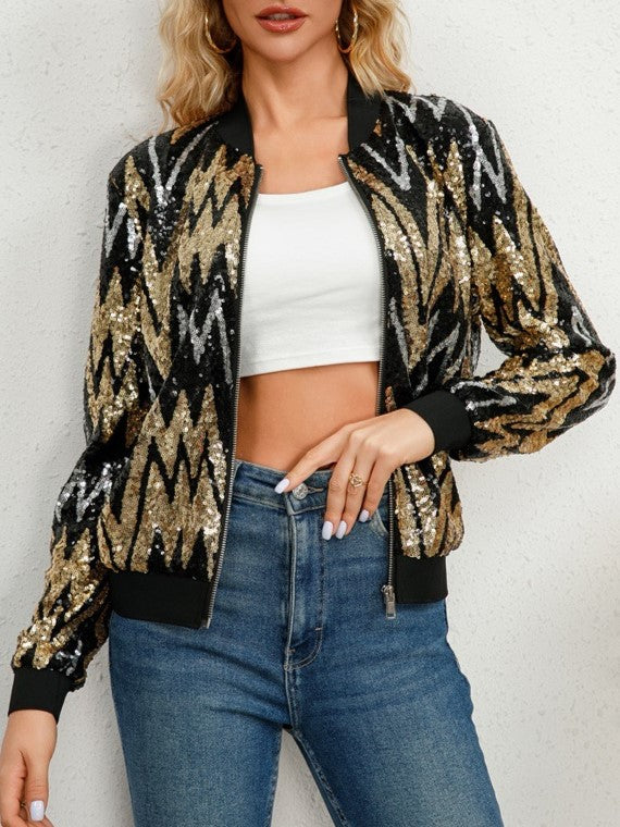 Chevron Sequin Zip Front Cropped Bomber Jacket