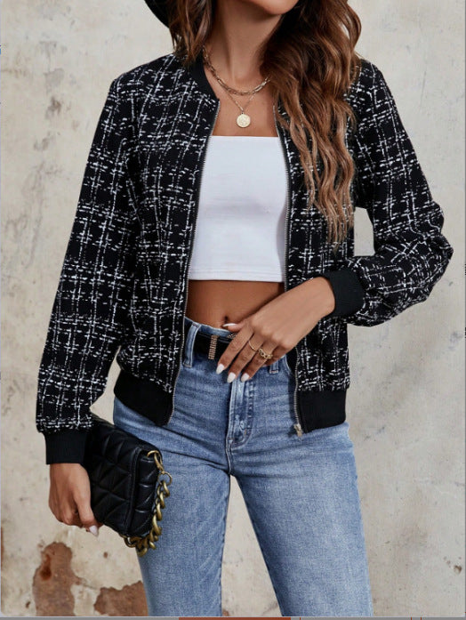 Tweed Zip Front Ribbed Bomber Jacket - Black