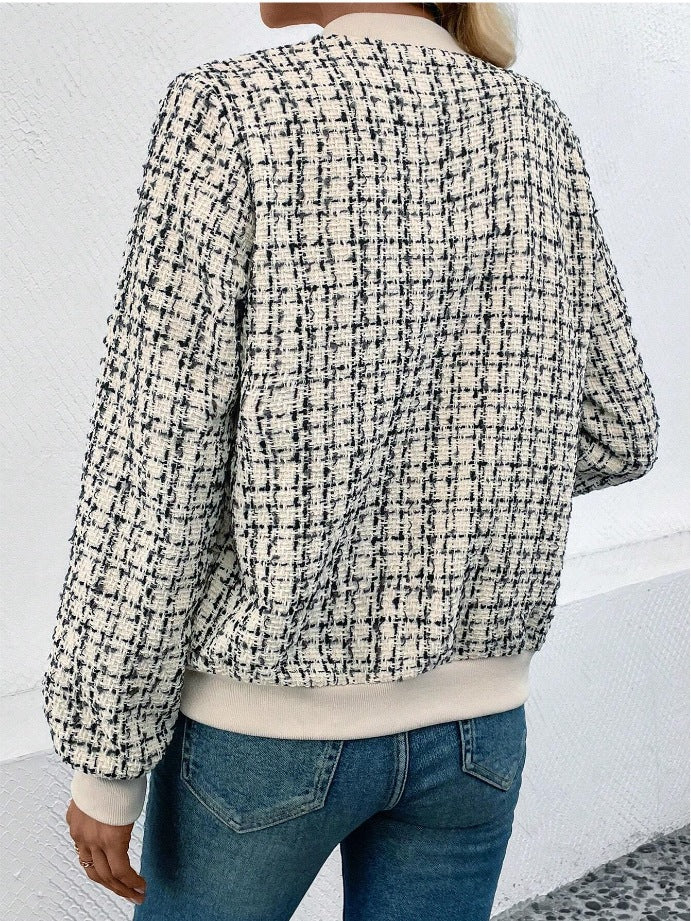 Tweed Zip Front Ribbed Bomber Jacket
