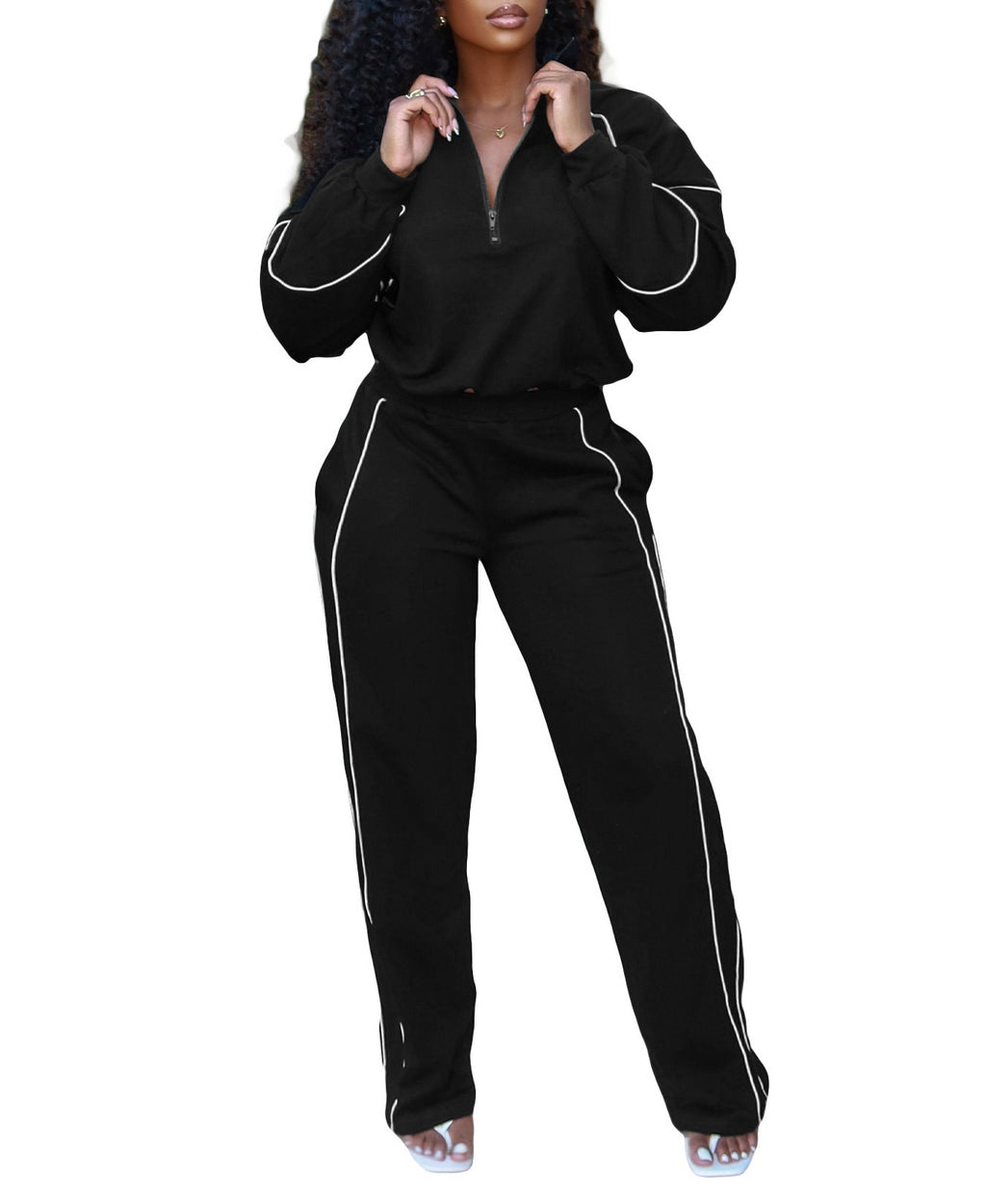 Piped Half Zip Straight Leg Athletic Tracksuit - Black