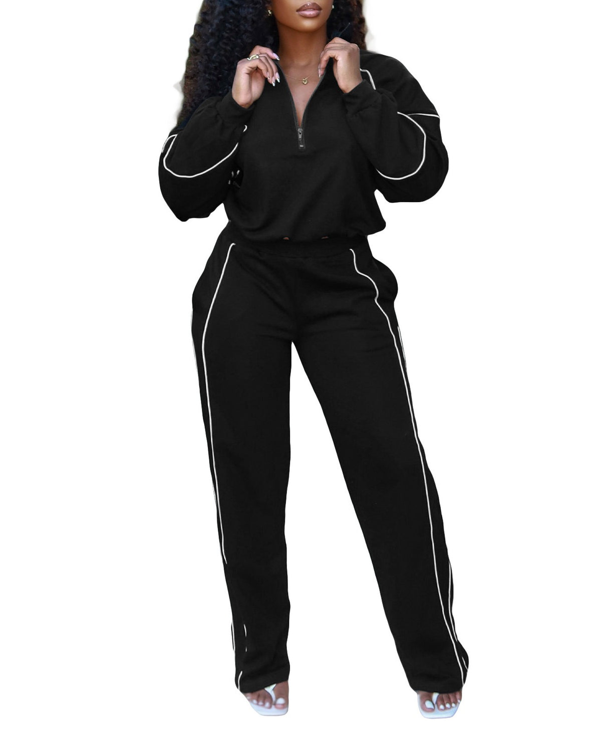 Piped Half Zip Straight Leg Athletic Tracksuit - Black