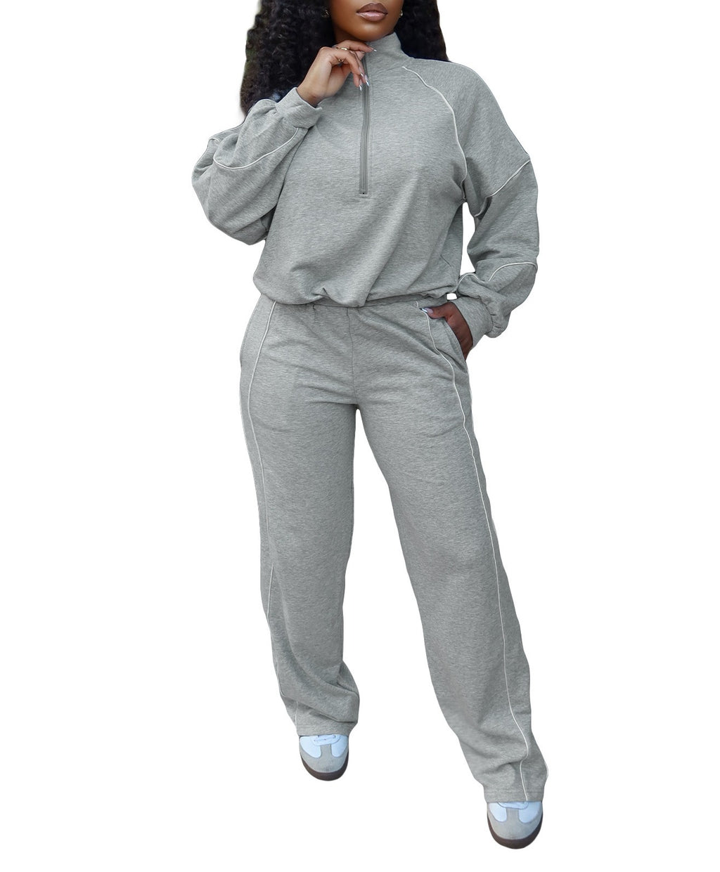 Piped Half Zip Straight Leg Athletic Tracksuit - Heather Gray