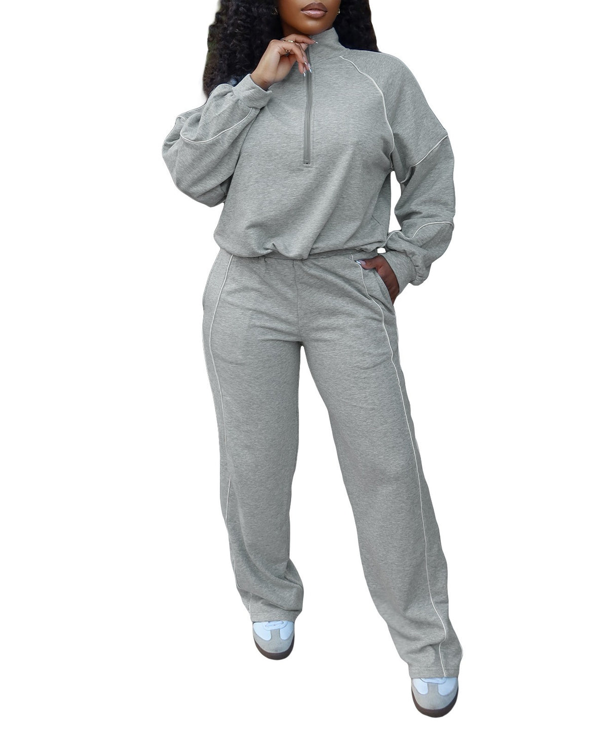 Piped Half Zip Straight Leg Athletic Tracksuit - Heather Gray