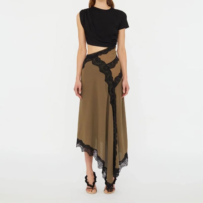 Asymmetric Lace Trim Satin Midi Dress - Camel