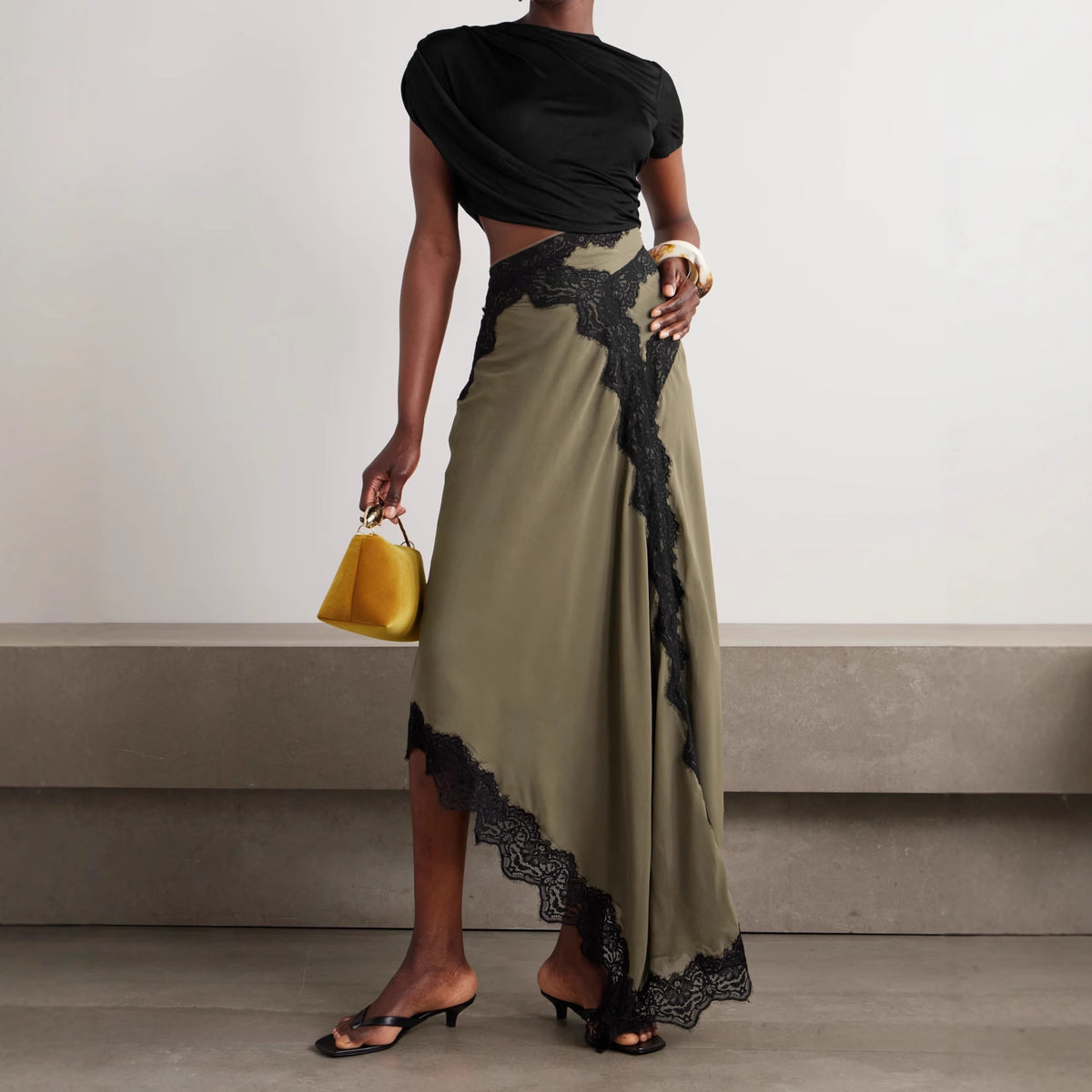 Asymmetric Lace Trim Satin Midi Dress - Green