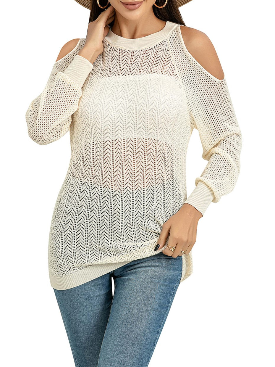 Cold Shoulder Open Knit Cover Up - Apricot - 2